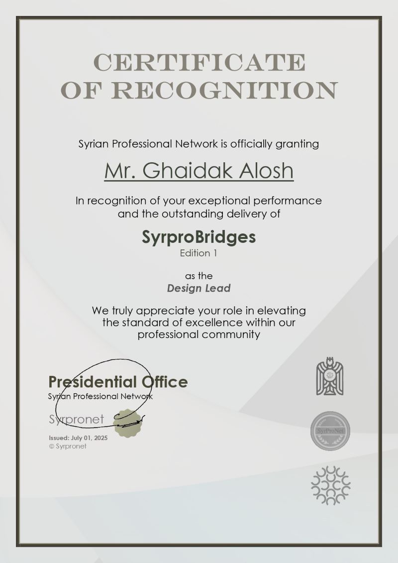 Design Lead Certificate — SyrproBridges Edition 1, Syrian Professional Network · Presidential Office · 2025